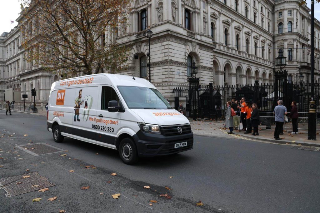 38 Degrees DIY dentistry campaign van outside the Department of Health during the NHS dentistry awareness stunt
